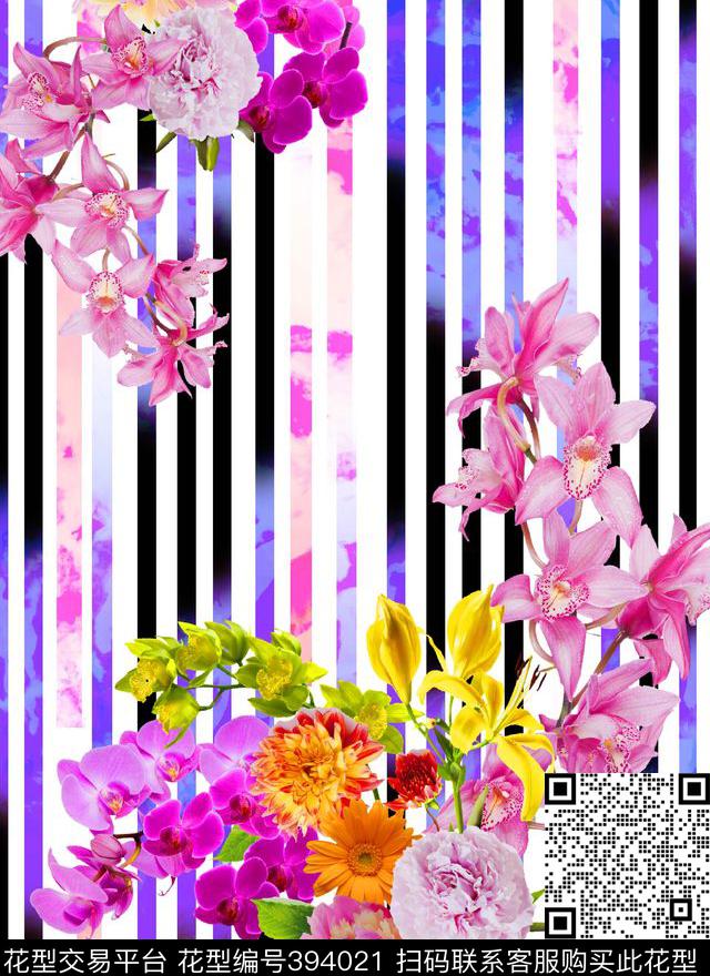 定位花卉条纹数码印花华亿平台下载（图片编号: 394021） - 瓦栏（Walan）