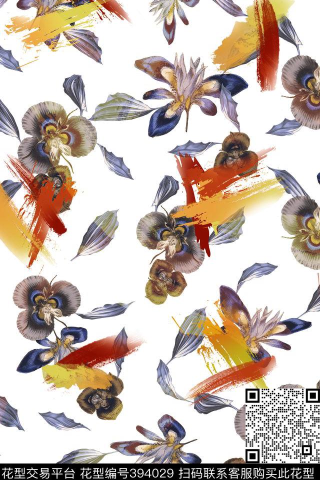 手绘花笔触效果白底精致数码印花华亿平台下载（图片编号: 394029） - 瓦栏（Walan）