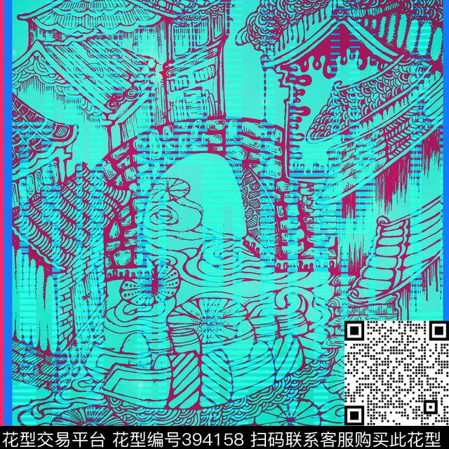 变形风景水乡传统印花华亿平台下载（图片编号: 394158） - 瓦栏（Walan）