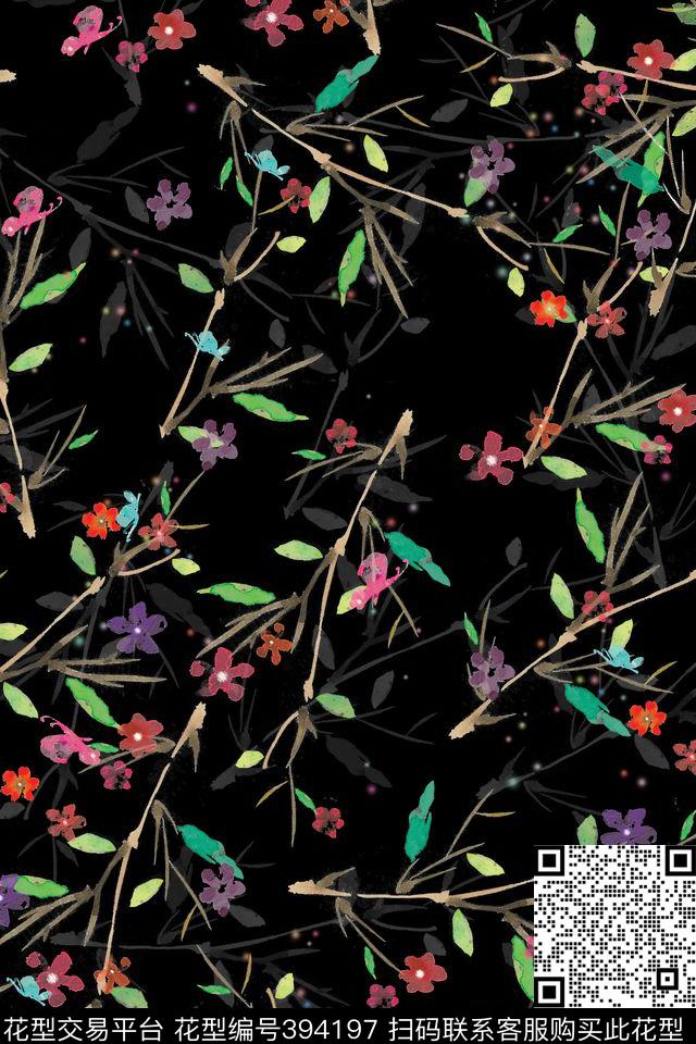 时尚水墨树枝数码印花华亿平台下载（图片编号: 394197） - 瓦栏（Walan）