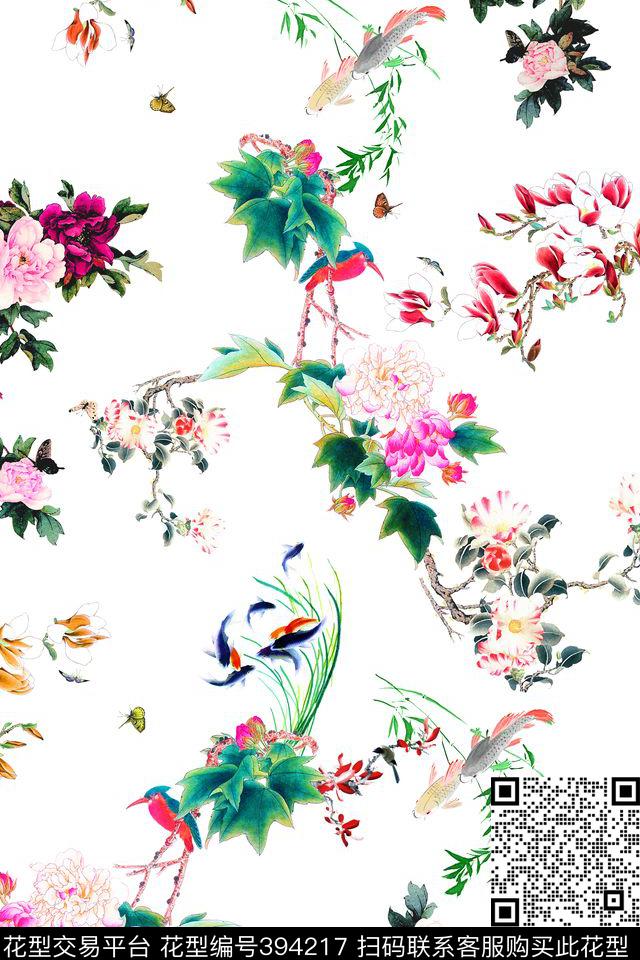 中国风花卉水彩数码印花华亿平台下载（图片编号: 394217） - 瓦栏（Walan）