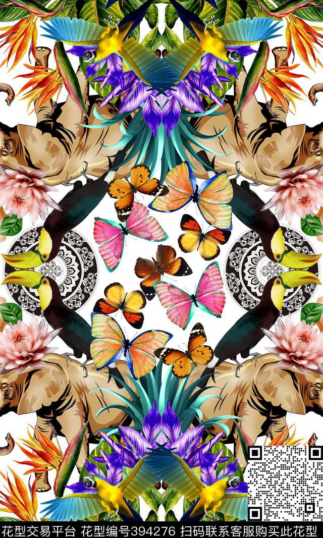 热带植物花卉热带鸟类数码印花华亿平台下载（图片编号: 394276） - 瓦栏（Walan）
