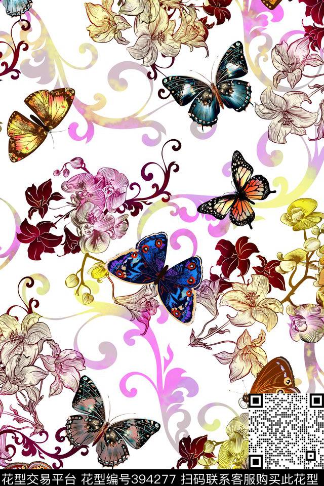 花卉蝴蝶渐变传统印花华亿平台下载（图片编号: 394277） - 瓦栏（Walan）