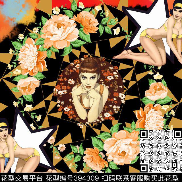 插画风格女郎方巾花卉传统印花华亿平台下载（图片编号: 394309） - 瓦栏（Walan）