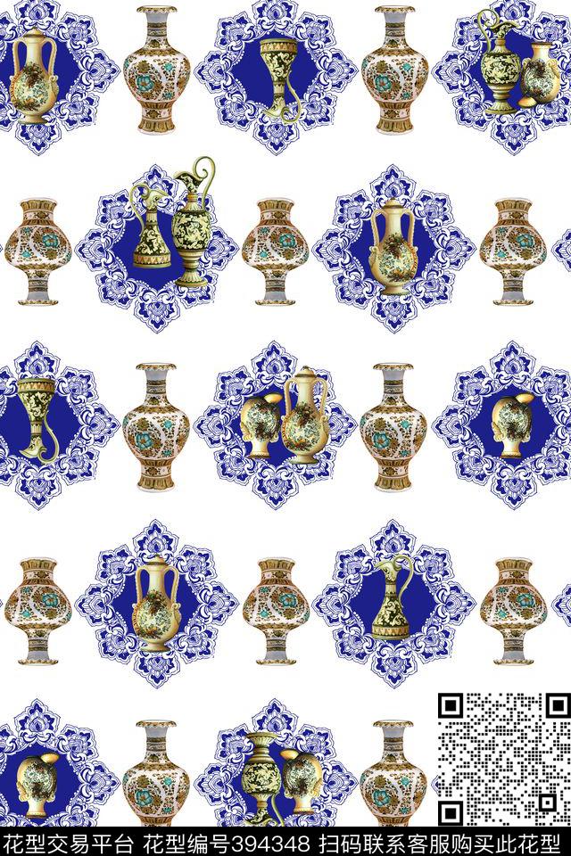 白底简约花瓶青花图案数码印花华亿平台下载（图片编号: 394348） - 瓦栏（Walan）