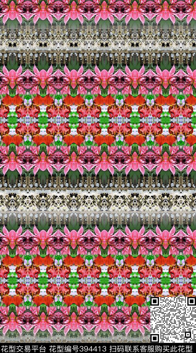 大气花卉花卉元素组合对称数码印花华亿平台下载（图片编号: 394413） - 瓦栏（Walan）