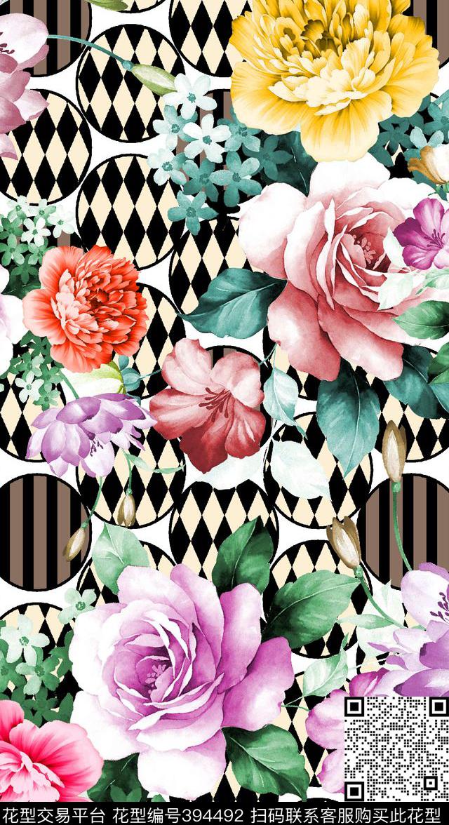 格子手绘花卉数码印花华亿平台下载（图片编号: 394492） - 瓦栏（Walan）