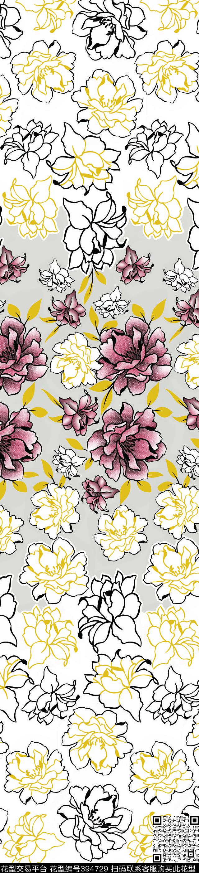 定位窗帘华亿平台牡丹花线条传统印花华亿平台下载（图片编号: 394729） - 瓦栏（Walan）
