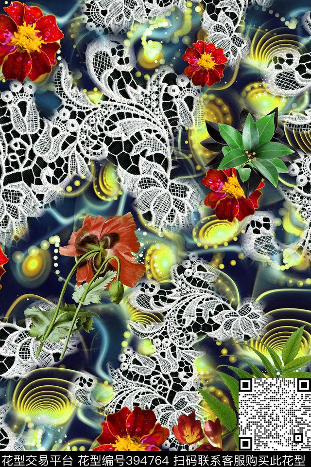 蕾丝花卉炫彩底纹数码印花华亿平台下载（图片编号: 394764） - 瓦栏（Walan）