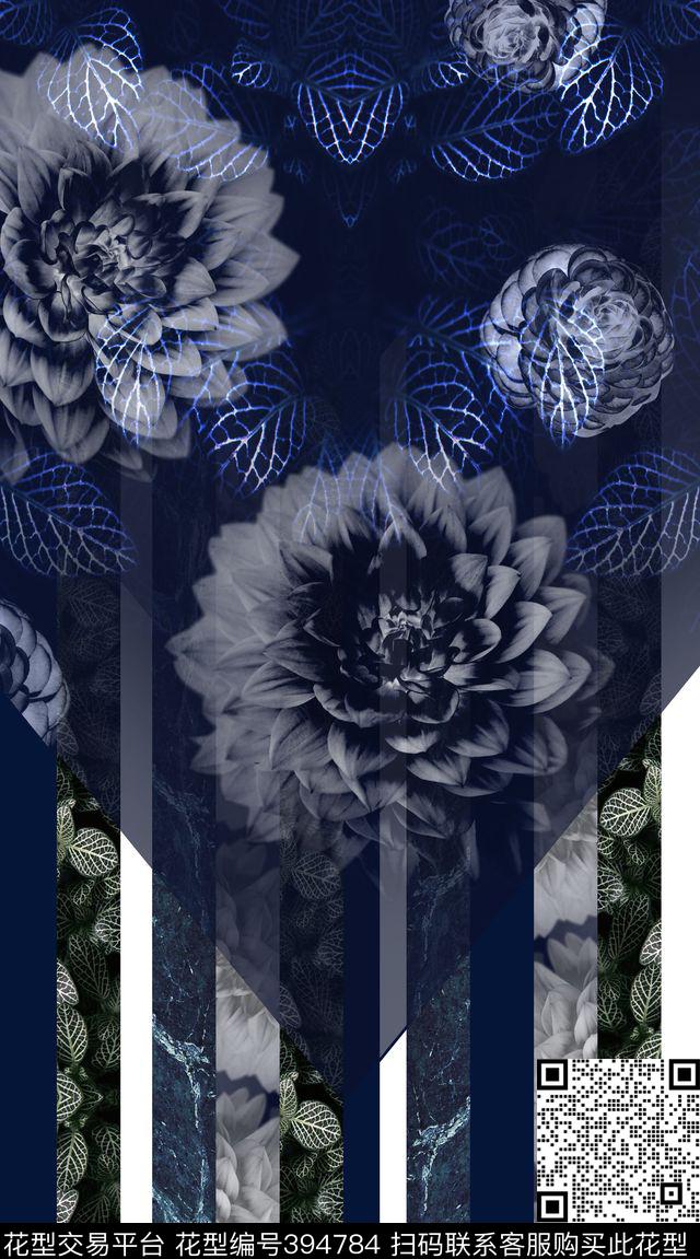藏青复古花卉数码印花华亿平台下载（图片编号: 394784） - 瓦栏（Walan）