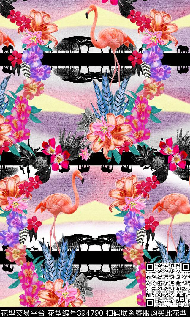 热带花卉火烈鸟彩色手绘底纹数码印花华亿平台下载（图片编号: 394790） - 瓦栏（Walan）