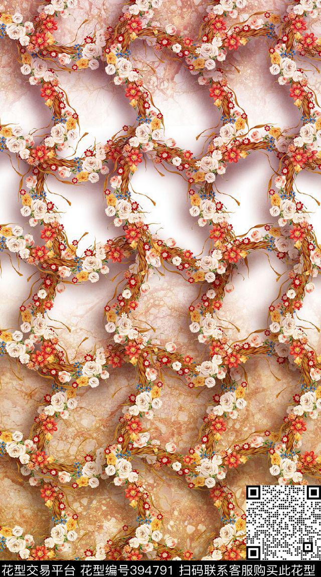 大理石格子花卉数码印花华亿平台下载（图片编号: 394791） - 瓦栏（Walan）