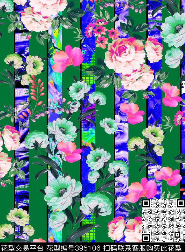 流行竖条花卉数码印花华亿平台下载（图片编号: 395106） - 瓦栏（Walan）