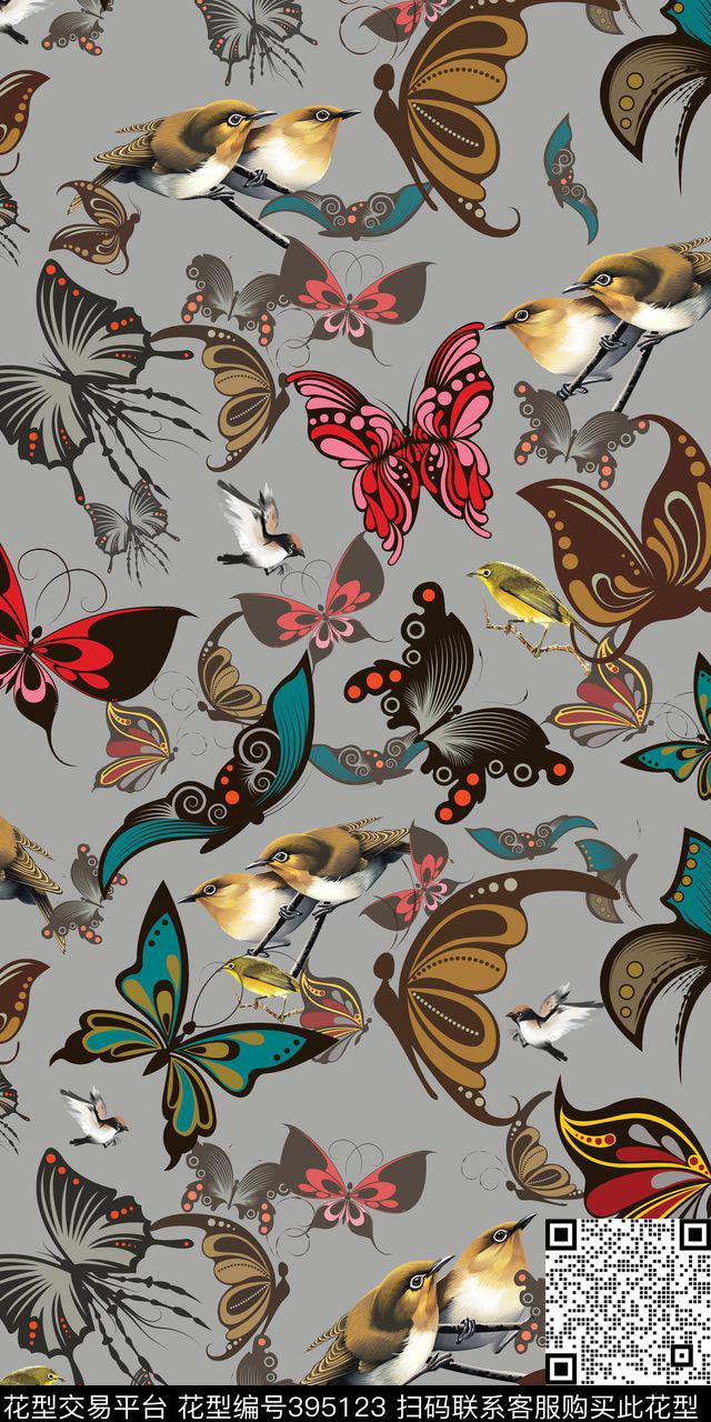 复古满底蝴蝶麻雀满底动物华亿平台动物纹数码印花华亿平台下载（图片编号: 395123） - 瓦栏（Walan）
