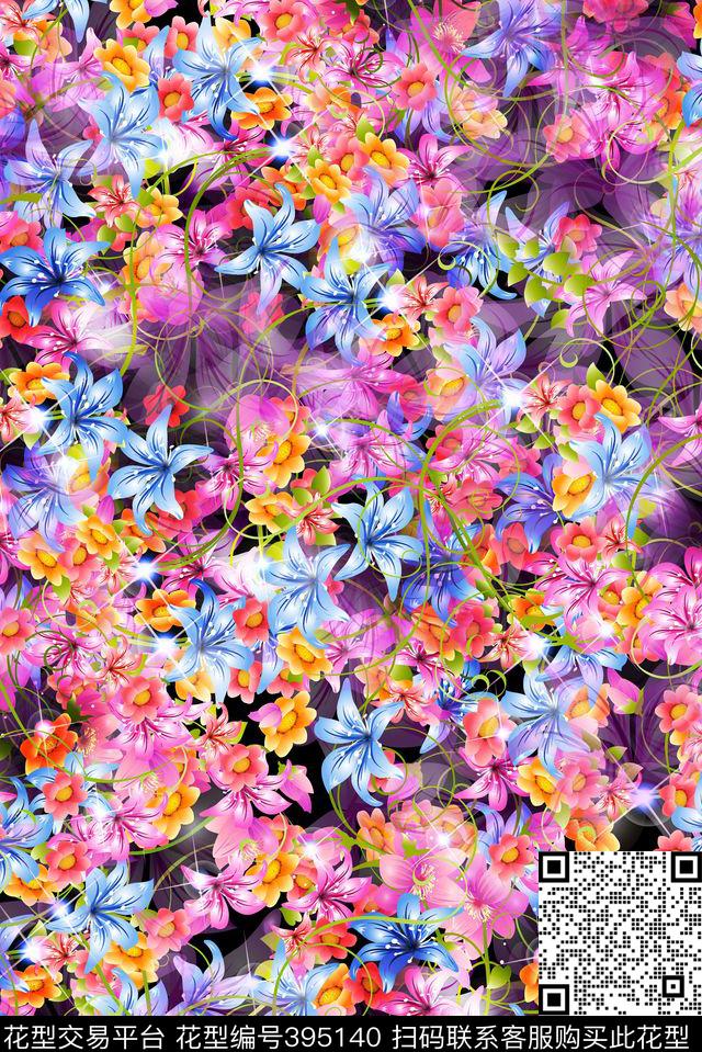 抽象花卉炫彩数码印花华亿平台下载（图片编号: 395140） - 瓦栏（Walan）