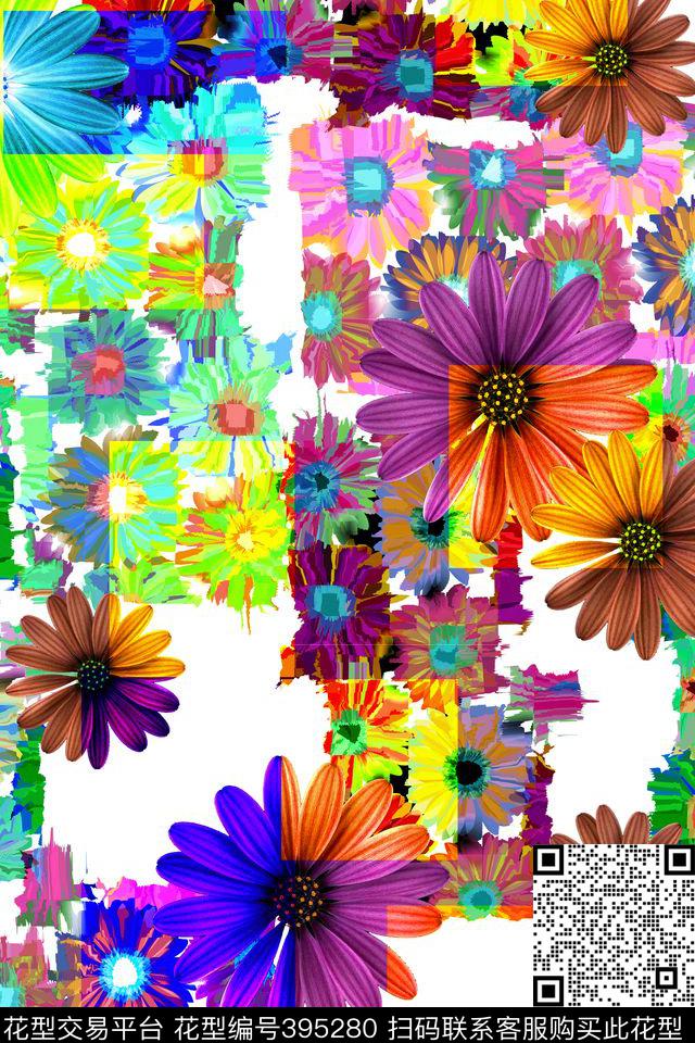 变形雏菊花卉数码印花华亿平台下载（图片编号: 395280） - 瓦栏（Walan）