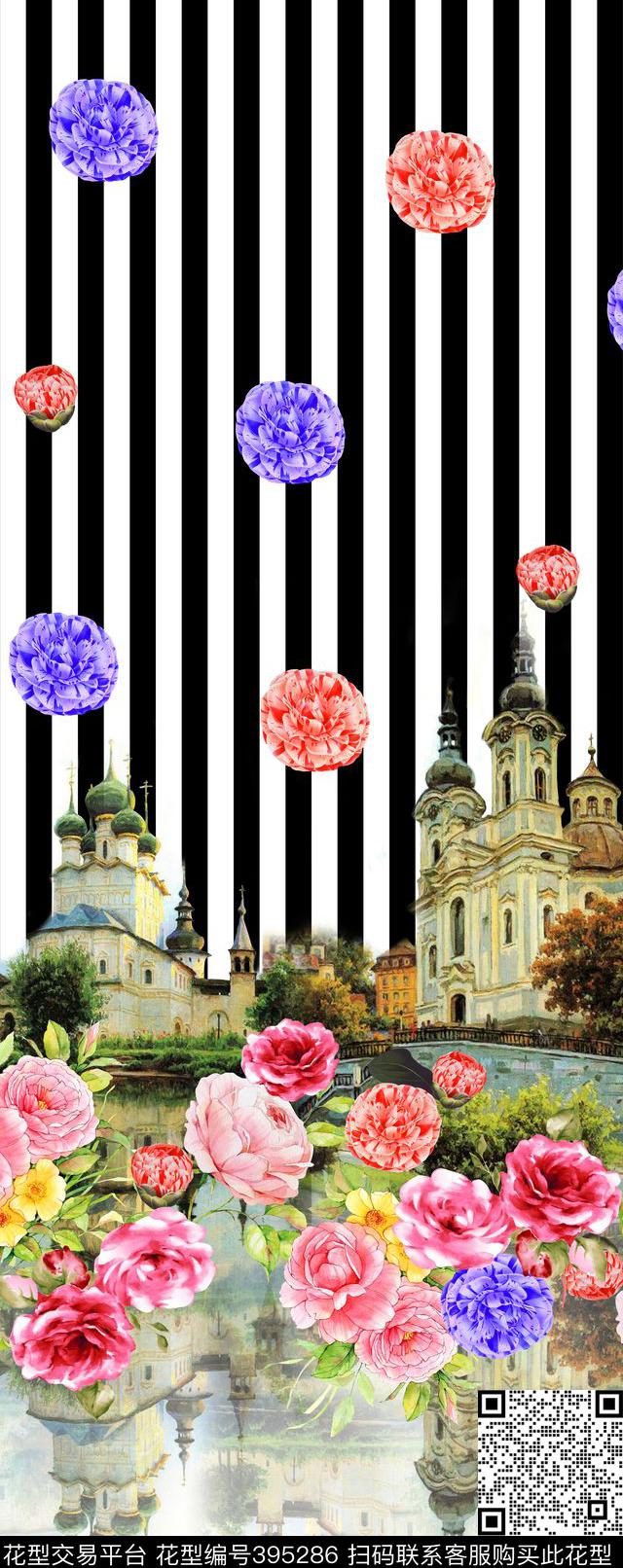 黑白条纹花卉欧式建筑数码印花华亿平台下载（图片编号: 395286） - 瓦栏（Walan）
