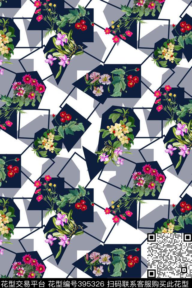 几何线条花卉时尚拼接数码印花华亿平台下载（图片编号: 395326） - 瓦栏（Walan）