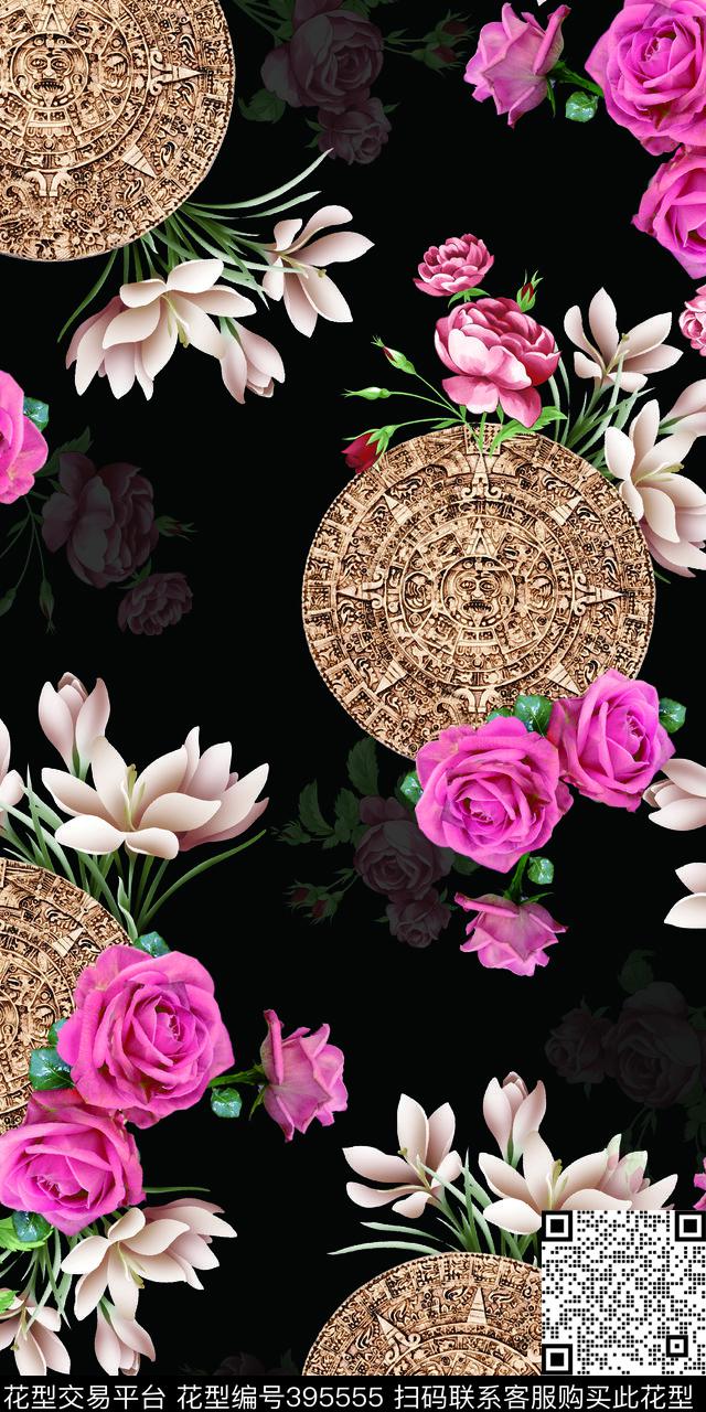 时尚花几何圈花卉数码印花华亿平台下载（图片编号: 395555） - 瓦栏（Walan）