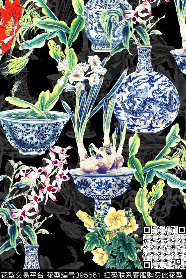 复古青花瓷花卉数码印花华亿平台下载（图片编号: 395561） - 瓦栏（Walan）