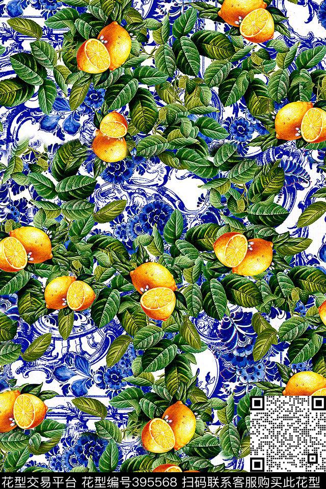 青花瓷植物宫廷风数码印花华亿平台下载（图片编号: 395568） - 瓦栏（Walan）