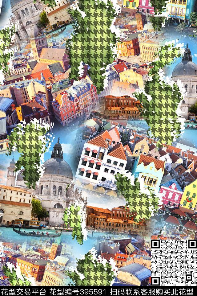 抽象风景千鸟格数码印花华亿平台下载（图片编号: 395591） - 瓦栏（Walan）