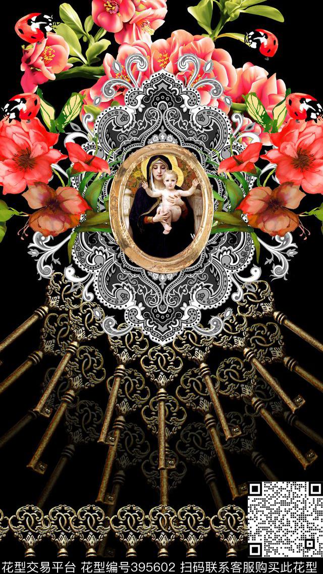 花卉古钥匙数码印花华亿平台下载（图片编号: 395602） - 瓦栏（Walan）