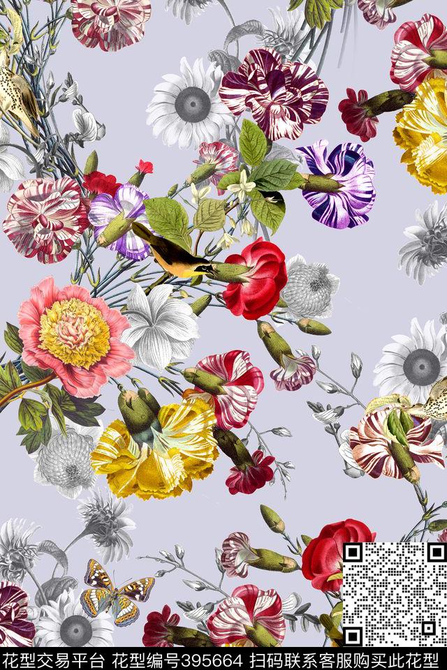 素雅手绘花卉小鸟数码印花华亿平台下载（图片编号: 395664） - 瓦栏（Walan）