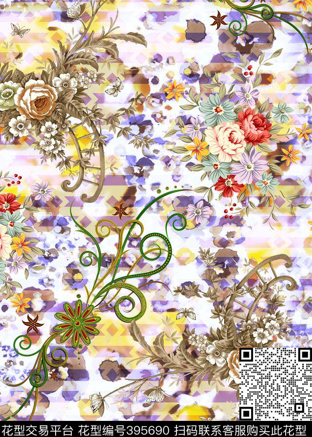 抽象花卉数码印花华亿平台下载（图片编号: 395690） - 瓦栏（Walan）