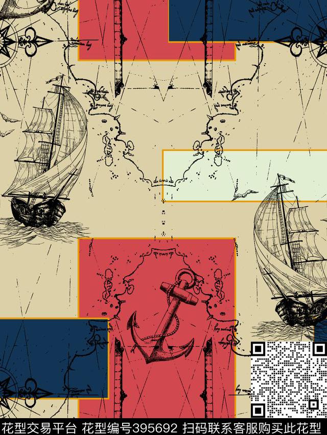 复古色块帆船航海传统印花华亿平台下载（图片编号: 395692） - 瓦栏（Walan）