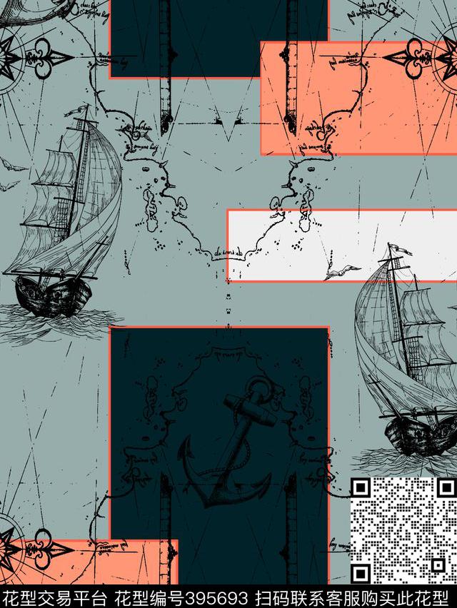 复古色块帆船航海传统印花华亿平台下载（图片编号: 395693） - 瓦栏（Walan）