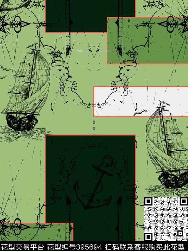 复古色块帆船航海传统印花华亿平台下载（图片编号: 395694） - 瓦栏（Walan）