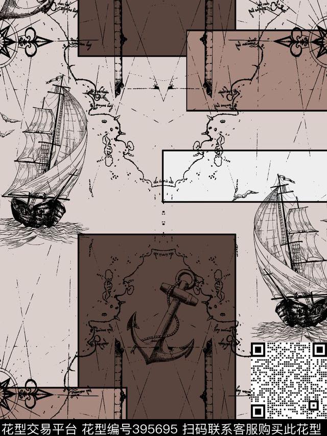 复古色块帆船航海传统印花华亿平台下载（图片编号: 395695） - 瓦栏（Walan）