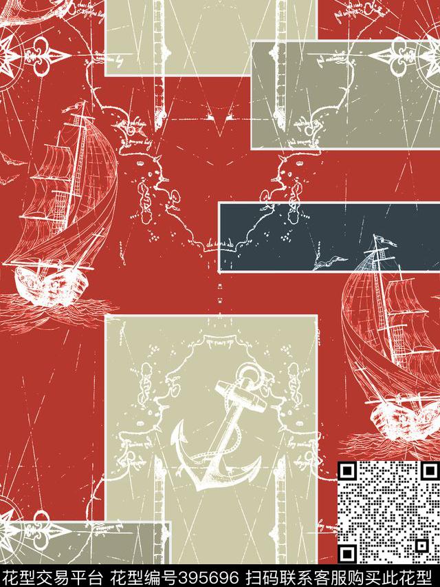 复古色块帆船航海传统印花华亿平台下载（图片编号: 395696） - 瓦栏（Walan）