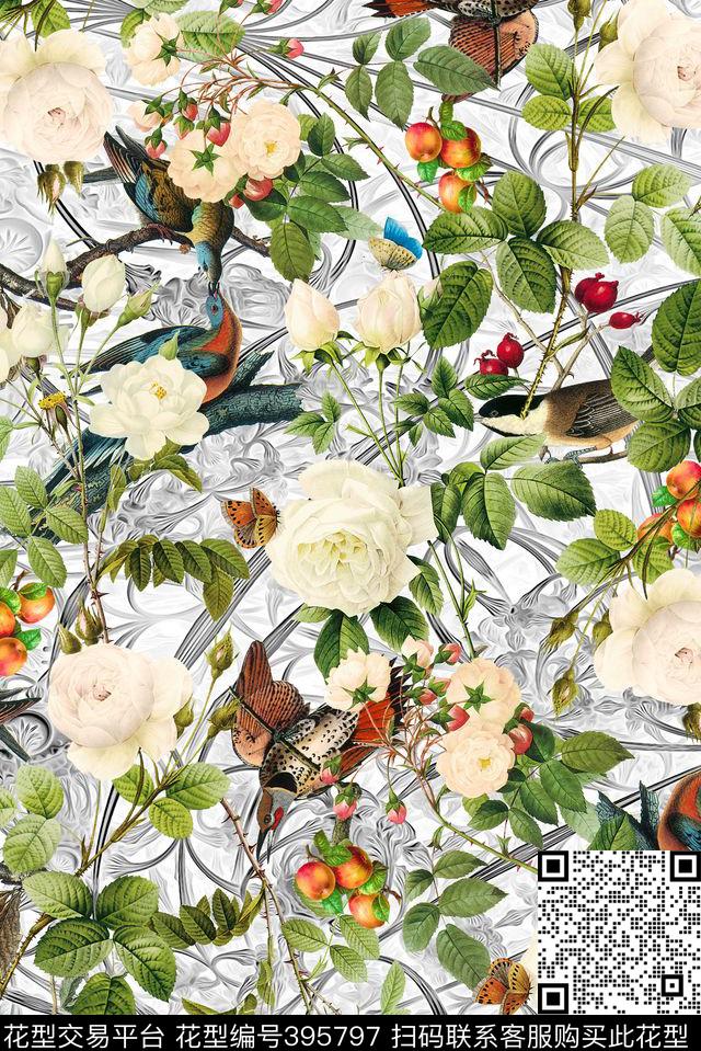 复古风玫瑰植物数码印花华亿平台下载（图片编号: 395797） - 瓦栏（Walan）