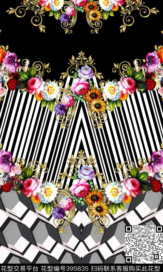 时尚条纹花卉数码印花华亿平台下载（图片编号: 395835） - 瓦栏（Walan）