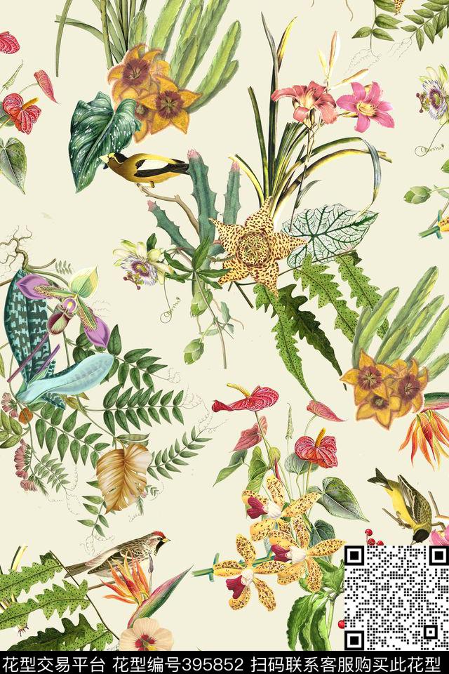 热带风花卉叶子数码印花华亿平台下载（图片编号: 395852） - 瓦栏（Walan）
