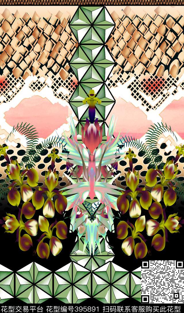 几何花卉树叶数码印花华亿平台下载（图片编号: 395891） - 瓦栏（Walan）