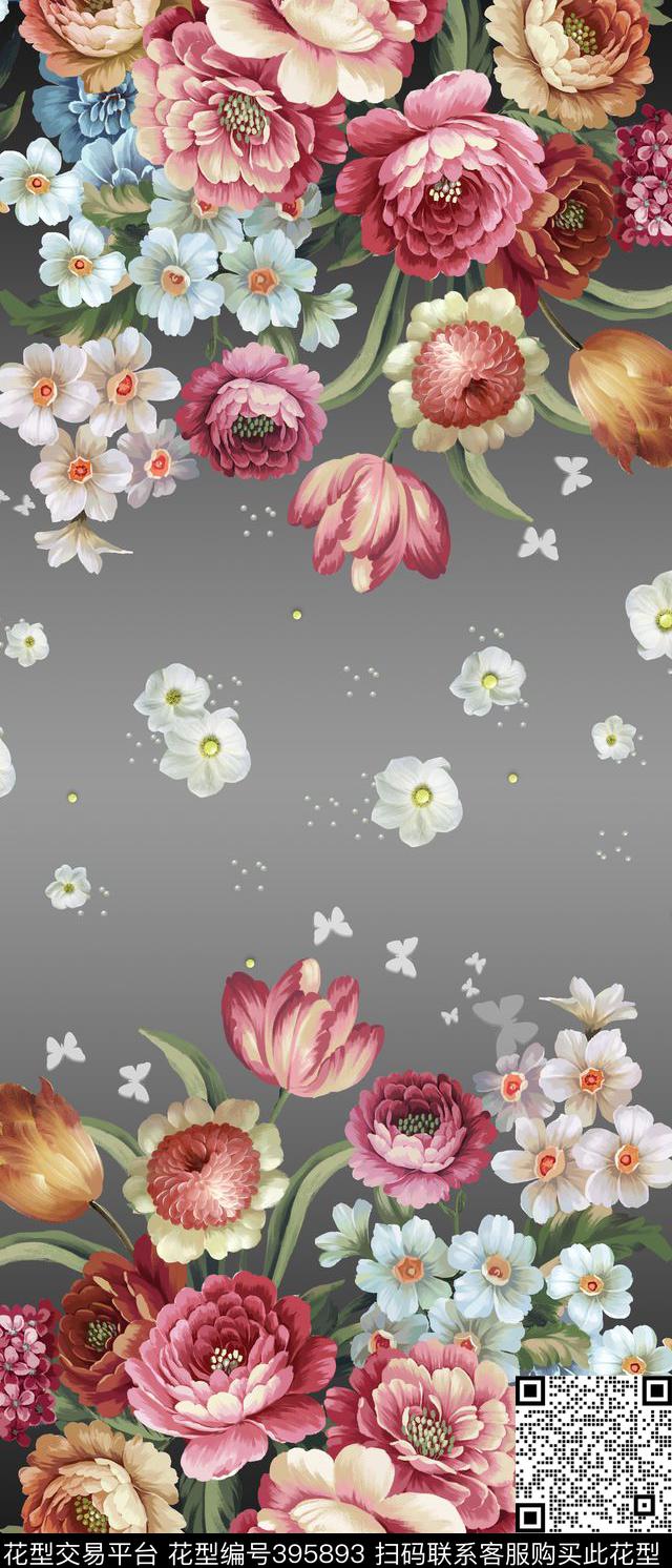 对称花过渡花大花数码印花华亿平台下载（图片编号: 395893） - 瓦栏（Walan）