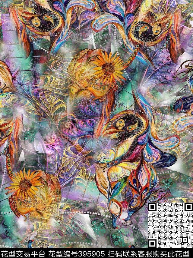 抽象雪莲羽毛数码印花华亿平台下载（图片编号: 395905） - 瓦栏（Walan）