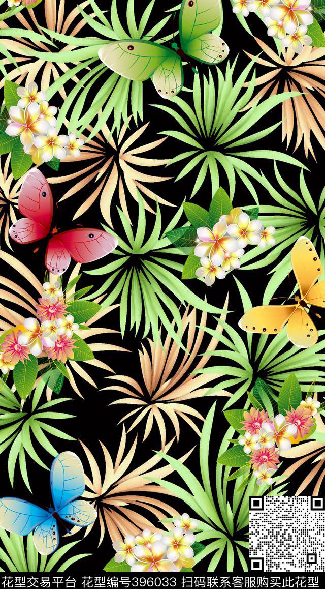 休闲绿叶蝴蝶花数码印花华亿平台下载（图片编号: 396033） - 瓦栏（Walan）