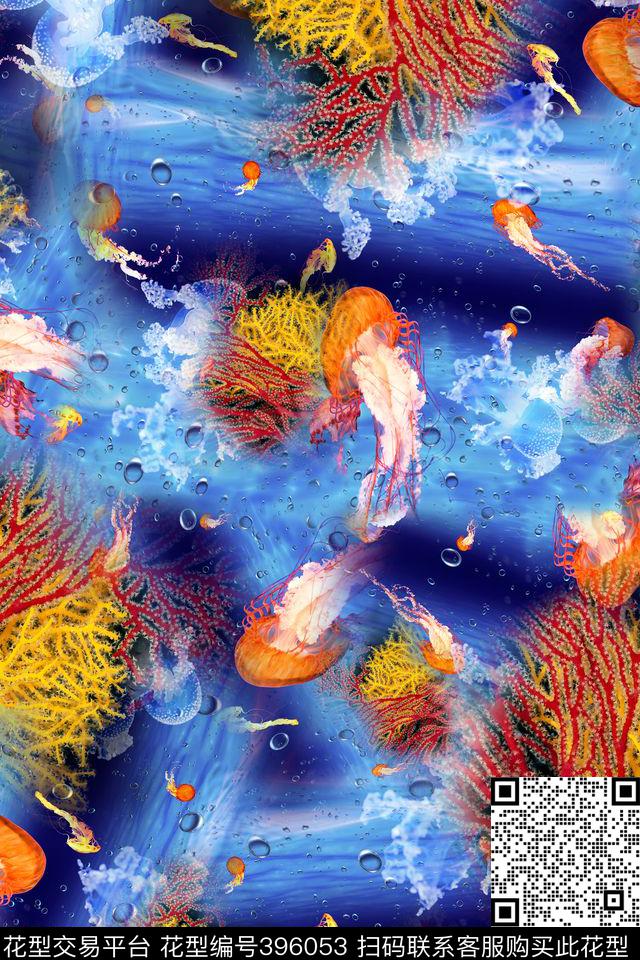 大海波浪水母珊瑚数码印花华亿平台下载（图片编号: 396053） - 瓦栏（Walan）