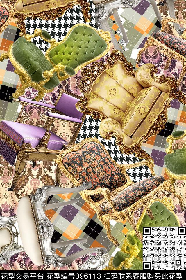 欧式几何拼接沙发数码印花华亿平台下载（图片编号: 396113） - 瓦栏（Walan）