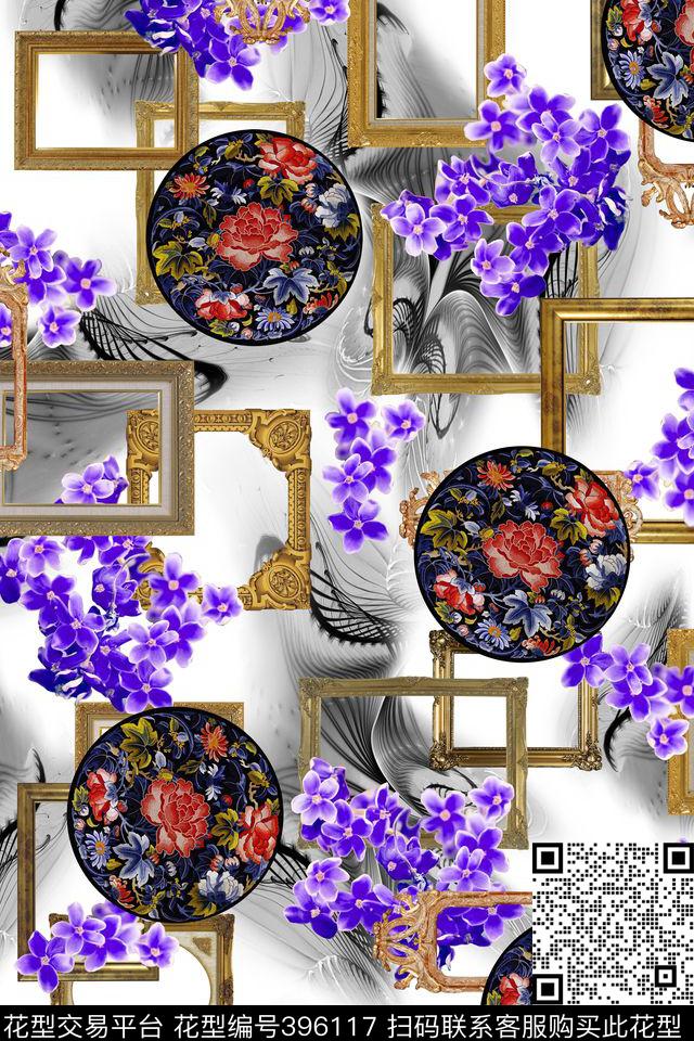 欧式相框中式图案花纹清新花卉数码印花华亿平台下载（图片编号: 396117） - 瓦栏（Walan）
