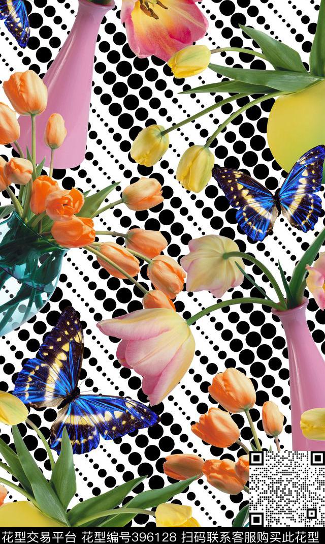 时尚插花蝴蝶数码印花华亿平台下载（图片编号: 396128） - 瓦栏（Walan）