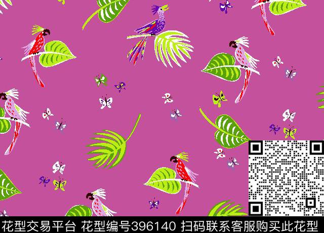时尚树叶鸟蝴蝶传统印花华亿平台下载（图片编号: 396140） - 瓦栏（Walan）