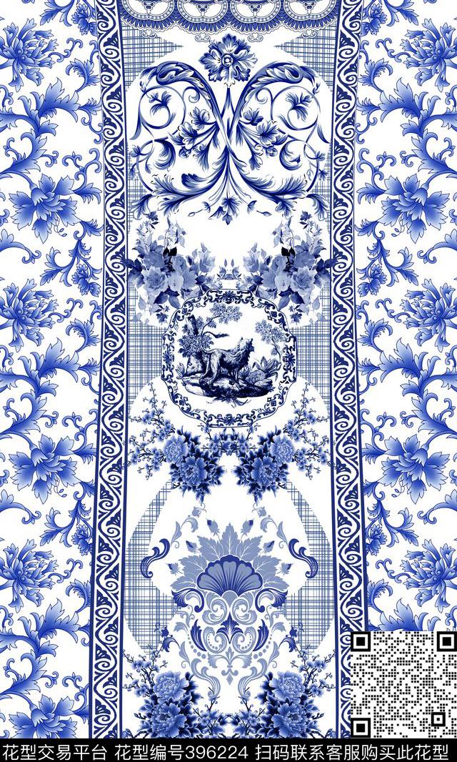 格子欧式图案青花瓷数码印花华亿平台下载（图片编号: 396224） - 瓦栏（Walan）