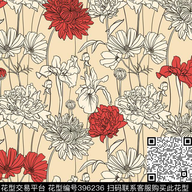 花卉线描印花图案传统印花华亿平台下载（图片编号: 396236） - 瓦栏（Walan）