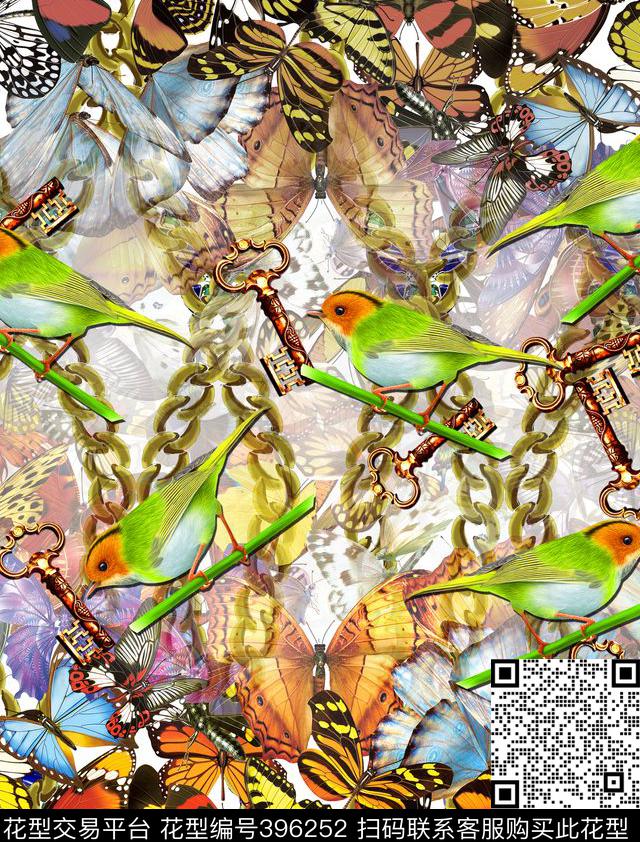 时尚绚丽蝴蝶花鸟链条数码印花华亿平台下载（图片编号: 396252） - 瓦栏（Walan）