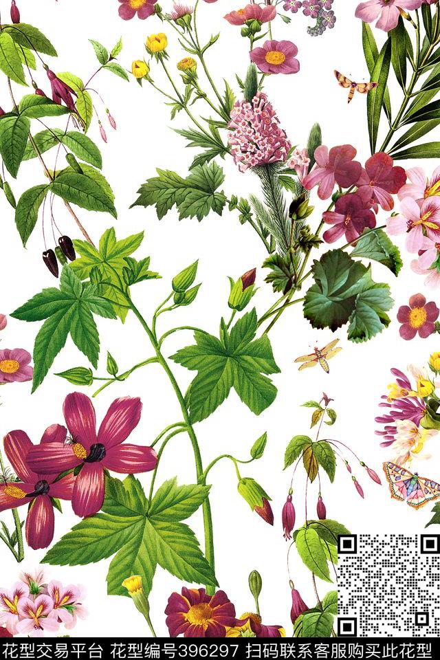 小清新花卉蝴蝶数码印花华亿平台下载（图片编号: 396297） - 瓦栏（Walan）